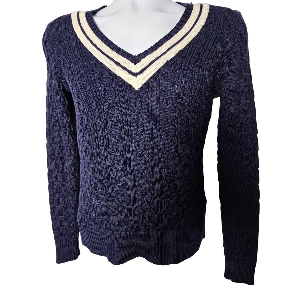 Lauren Ralph Lauren Women Cricket Cable Knit Sweater XS Navy Preppy Old Money